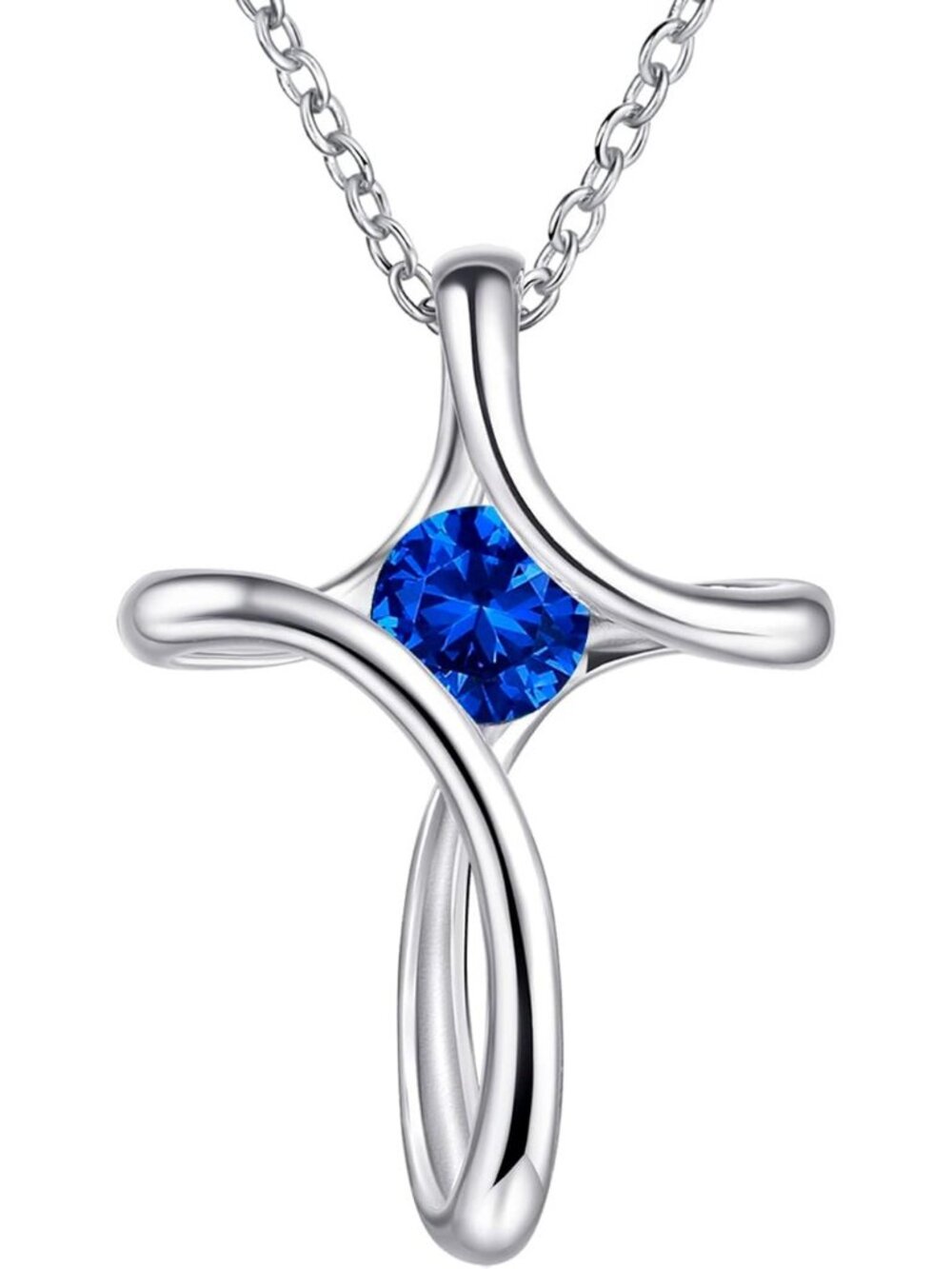 Women's Dark Blue Diamond Sideways Sterling Silver Birthstone Cross Necklace